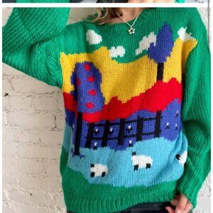 Lisa Says Gah Green Multicolor Scenic Knit Sweater